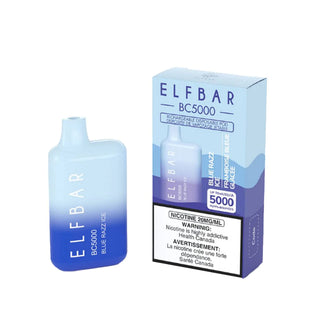 ELFBAR 5000 Puffs E Cigarette Disposable Vape at Twisted Sisters Vape shop near me on white background with a dark to light gradient on the cigarette smoking alternative device including box packaging with nicotine is highly addictive Health Canada warning