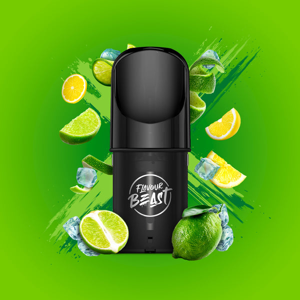 Flavour Beast Green Dew Iced image with lemons, limes and ice this is STLTH Compatible available at Twisted Sisters Vape Shop near you