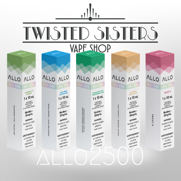 allo 2500 puffs e cigarette disposable vape in various flavors with white rectangular boxes with colored tops featuring a gradient diamond design nicotine is highly addictive warning on packaging