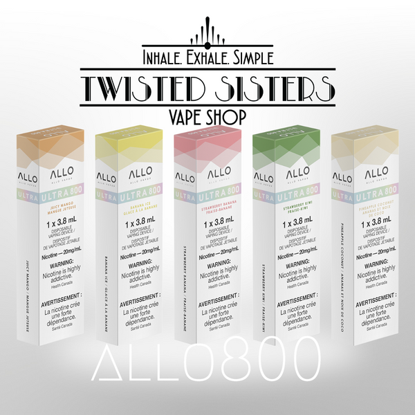 allo ultra e cigarette 800 puffs disposable vape nic salt 5 different flavors in packaging on a white background with vape shop near you twisted sisters vape shop logo at the top of the graphic