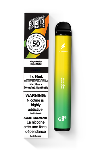 boosted bar plus 3000 synthetic nicotine disposable vape with green to yellow gradient on device with shiny finish black top on right side and packaging box on left side