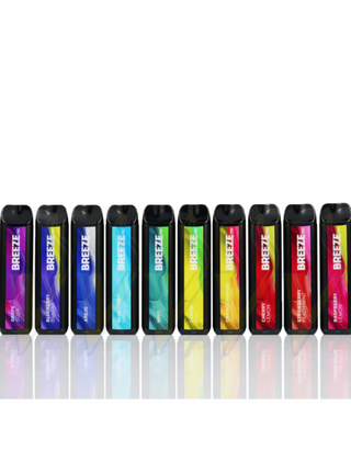 Breeze PRO Disposable Nicotine E Cigarette vape on a whie background with the various devices lined up side by side with a faded reflection of the device below at a twisted sisters vape shop near me