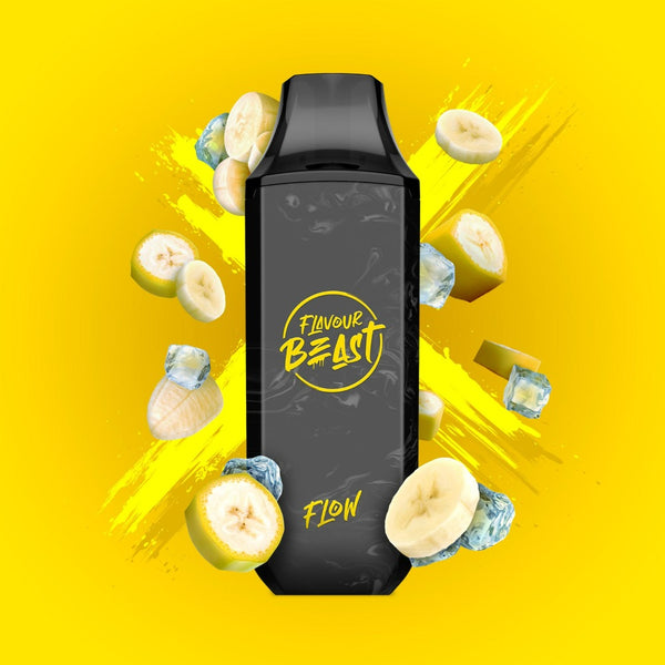 Flavour Beast 4000 Puff Disposable e cigarette with brush strokes of color behind the vape representing bussin banana ice flavour at Twisted Sisters Vape Shop near me